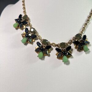 J.Crew 22" Statement Necklace W/ Green & Black Gemstone Accents On Gold-Tone